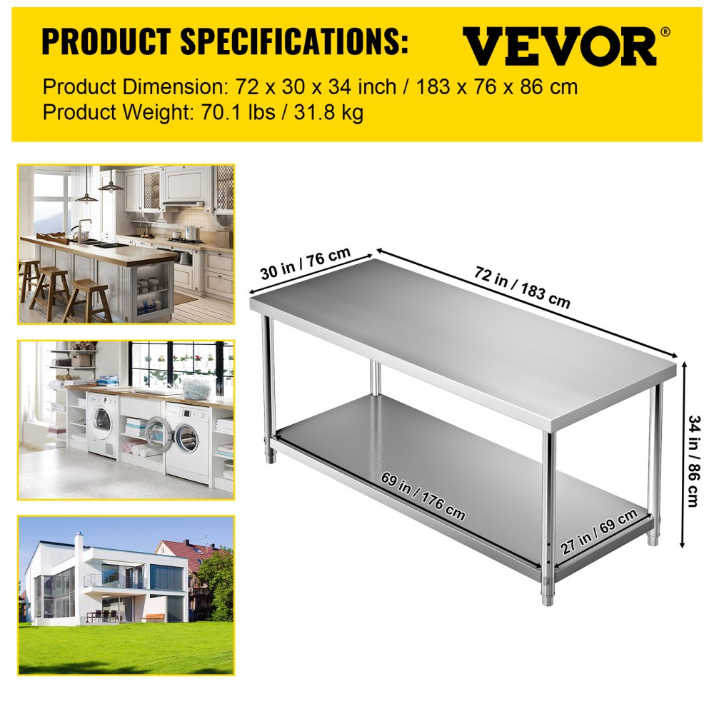 VV-SSWT-WJL-7230 - Heavy-Duty Stainless Steel Prep Table with Adjustable Shelves