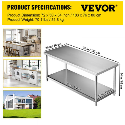 VV-SSWT-WJL-7230 - Heavy-Duty Stainless Steel Prep Table with Adjustable Shelves