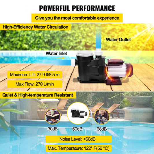 DH 370 - Durable 0.5 HP VEVOR Pool Pump with Thermal Protection