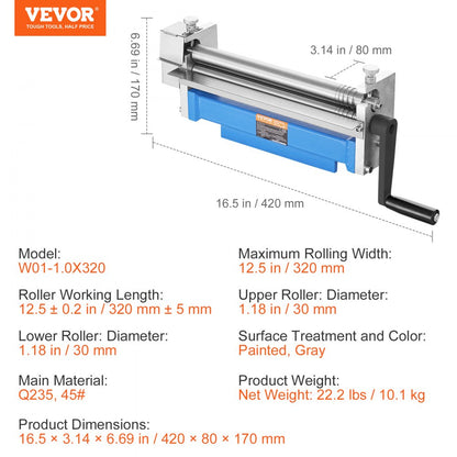W01-1.0X320 - VEVOR 12-Inch Slip Roll Machine for Sheet Metal Shaping