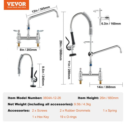 3804A-12-26 - 26" VEVOR Commercial Faucet with Powerful Pre-Rinse Sprayer