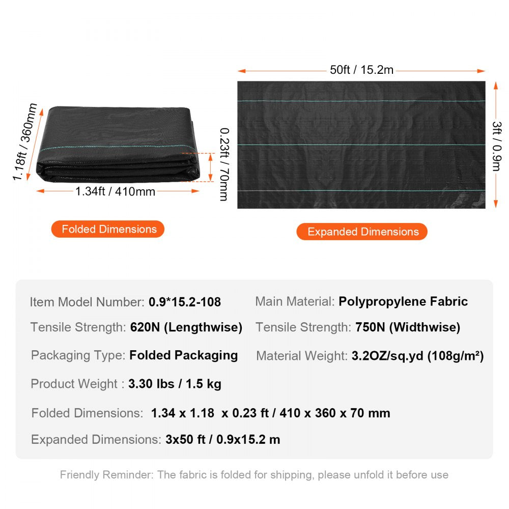 0.9*15.2-108 - Heavy-Duty 3FT x 50FT Weed Barrier Fabric for Garden Use