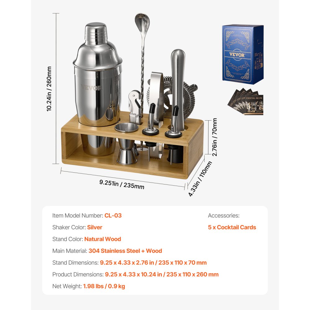 CL-03 - Professional Stainless Steel 10-Pc Cocktail Shaker Set for Home Bartending