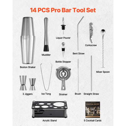 CL-07 - 14-Piece Stainless Steel Cocktail Shaker Set for Home Bartending
