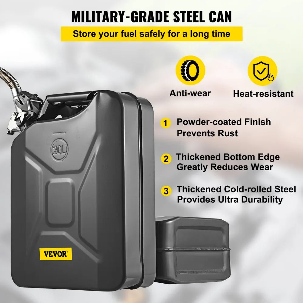 1X20LBLACK - 5.3 Gallon Steel Jerry Can for Safe Fuel Storage