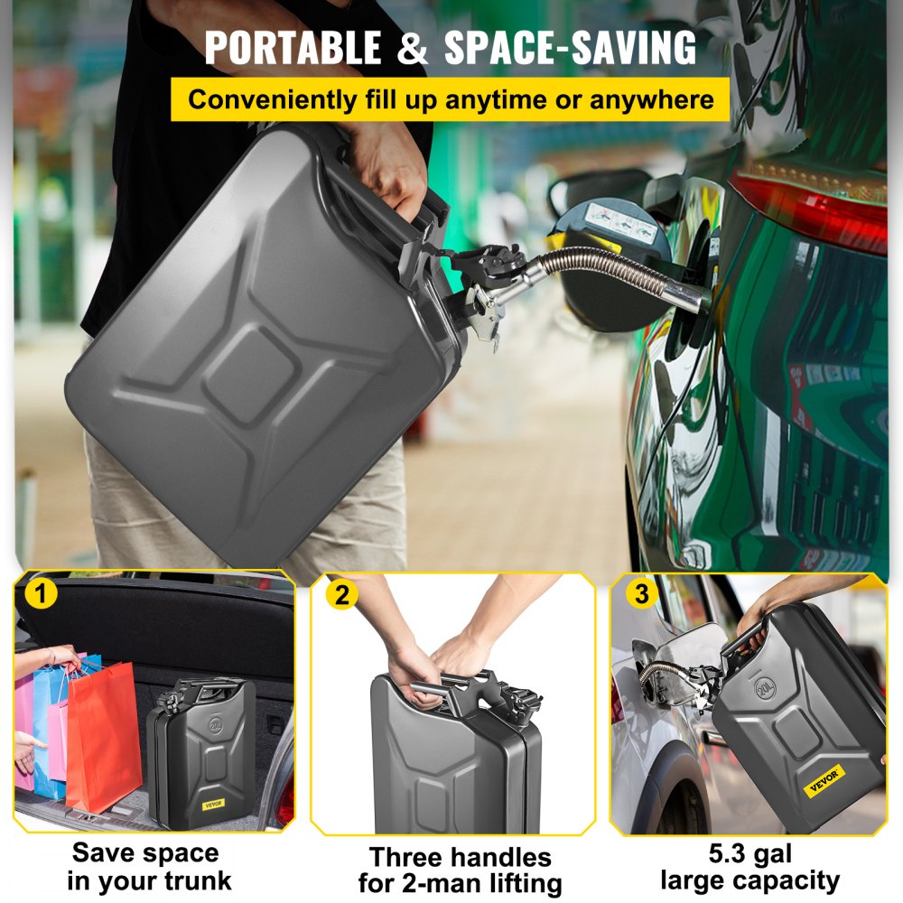 1X20LBLACK - 5.3 Gallon Steel Jerry Can for Safe Fuel Storage