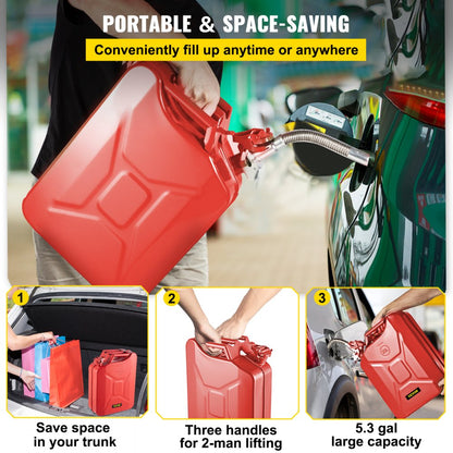 1X20LRED - 5.3 Gallon VEVOR Steel Jerry Fuel Can with Flexible Spout