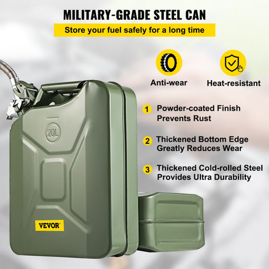 1X20LGREEN - Durable 5.3-Gallon Steel Jerry Can with Fast-Flow Spout