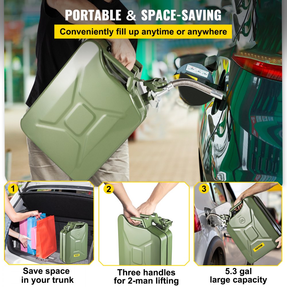 1X20LGREEN - Durable 5.3-Gallon Steel Jerry Can with Fast-Flow Spout