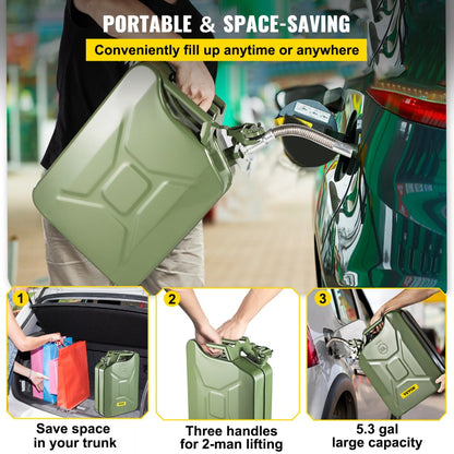1X20LGREEN - Durable 5.3-Gallon Steel Jerry Can with Fast-Flow Spout