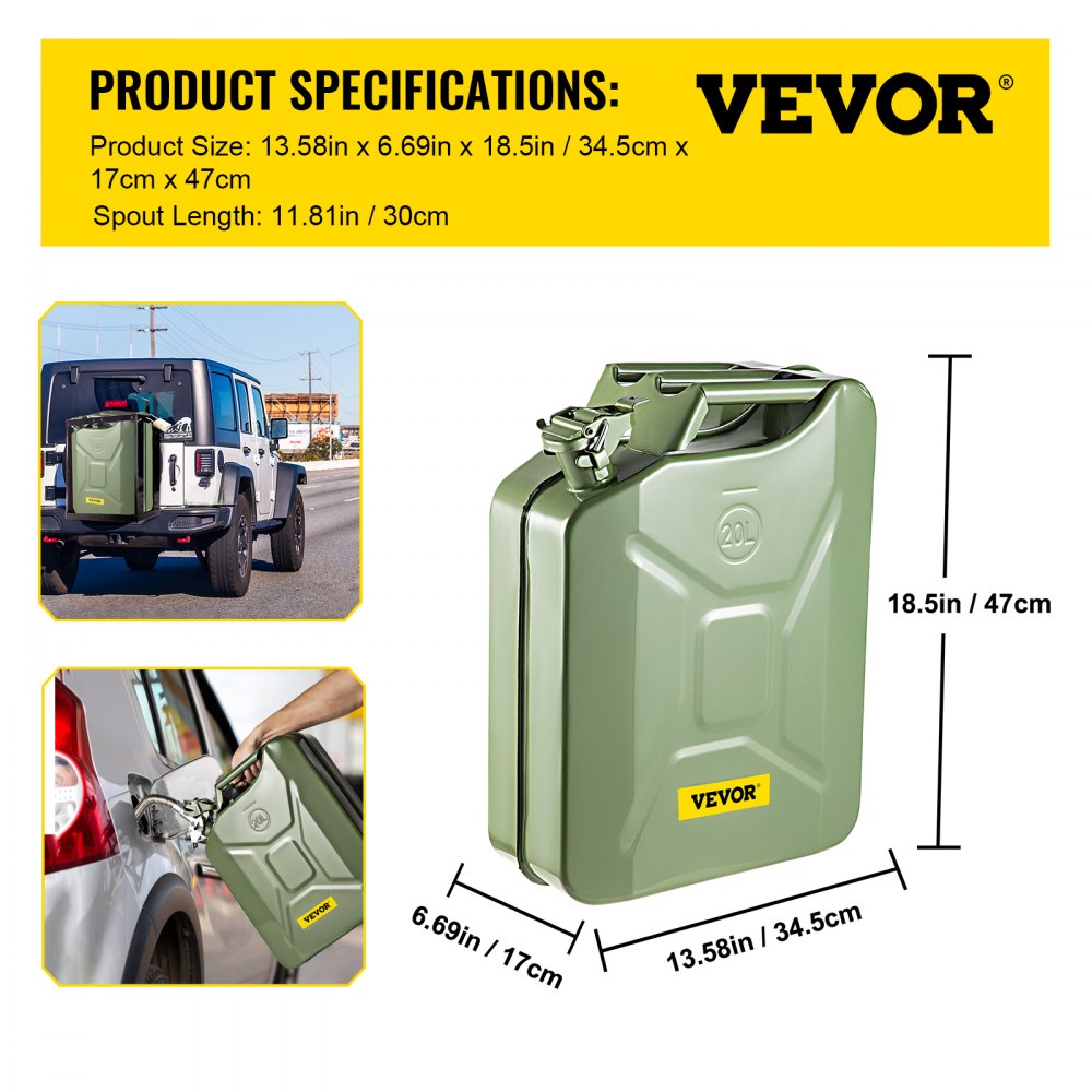 1X20LGREEN - Durable 5.3-Gallon Steel Jerry Can with Fast-Flow Spout
