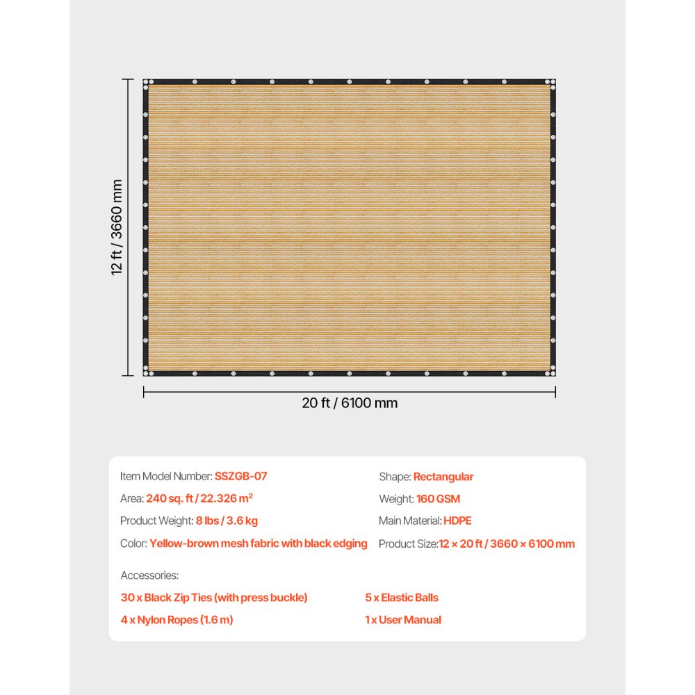 SSZGB-07 - 12x20 ft Waterproof HDPE Sun Shade Cloth with Grommets & Ties