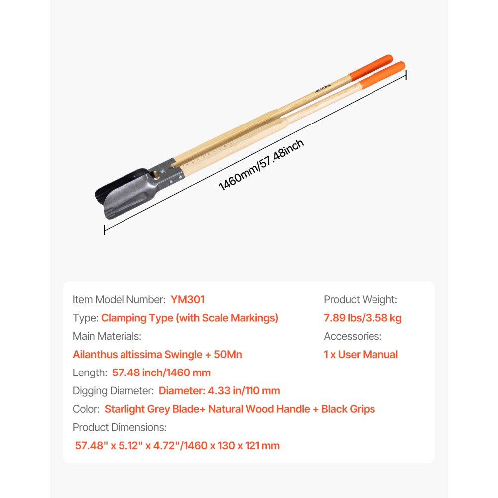 YM301 - 57.48" Manual Post Hole Digger with 4.33" Round Metal Blade