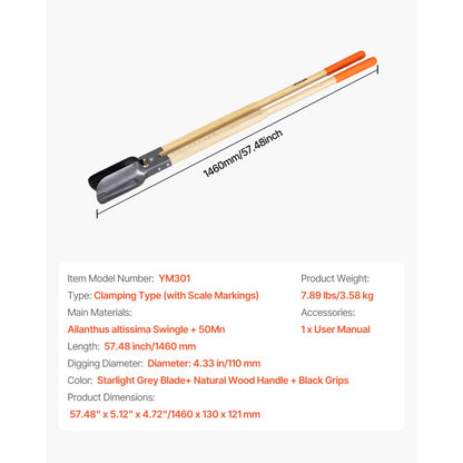 YM301 - 57.48" Manual Post Hole Digger with 4.33" Round Metal Blade