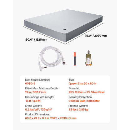 6080-5 - Queen Grounding Sheet 60 x 80 in, Cotton & Silver Fiber