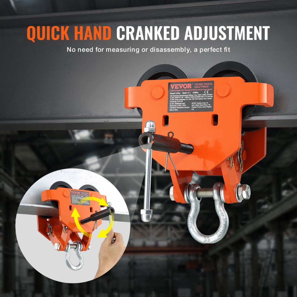 2T-J - Adjustable 2 Ton VEVOR Manual Trolley for I-Beams & H-Beams