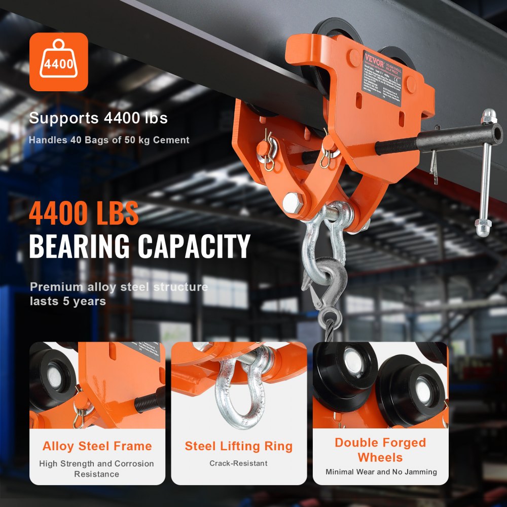 2T-J - Adjustable 2 Ton VEVOR Manual Trolley for I-Beams & H-Beams