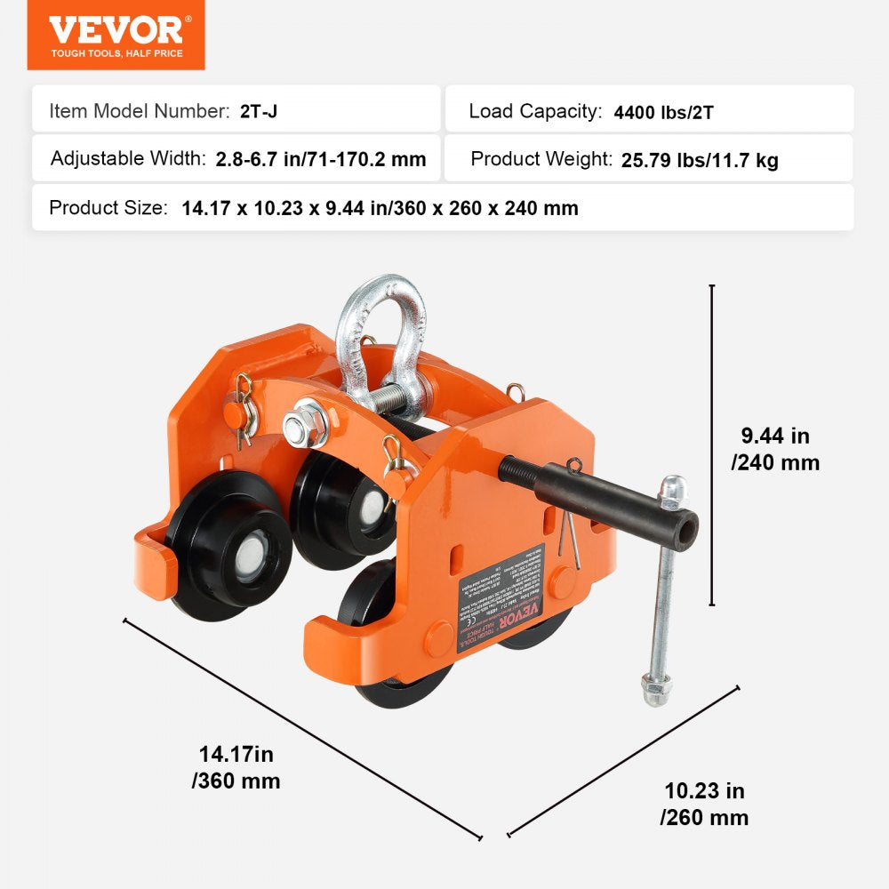 2T-J - Adjustable 2 Ton VEVOR Manual Trolley for I-Beams & H-Beams