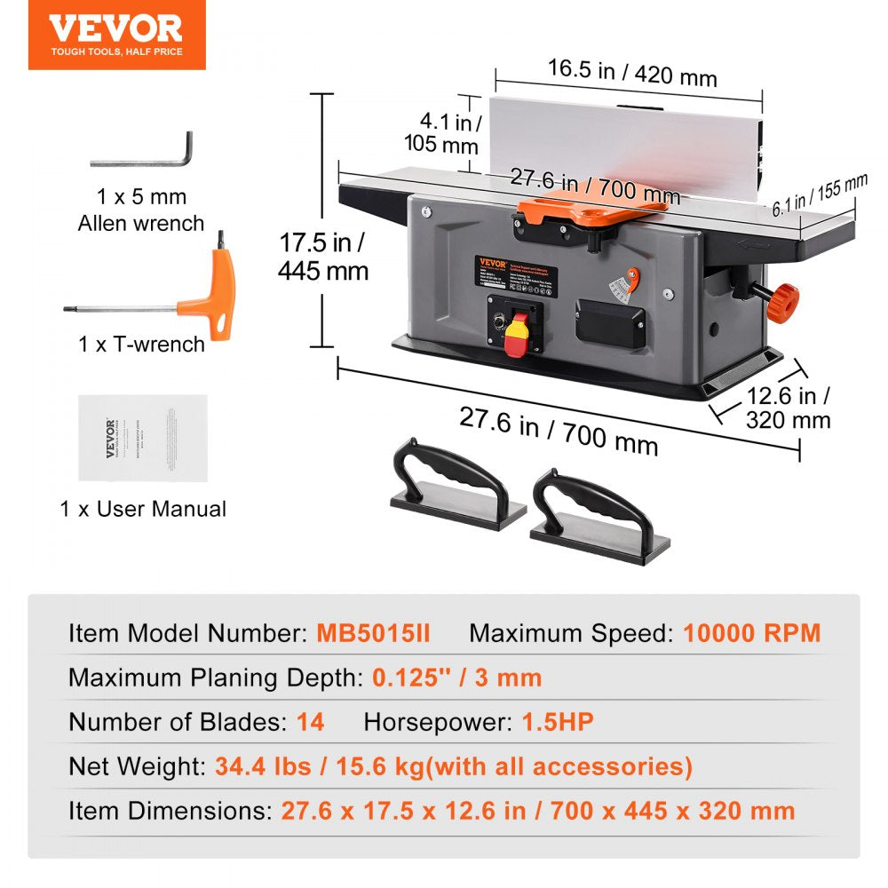 MB5015II - VEVOR 6in Spiral Jointer with 1.5HP Motor and Dust Collection