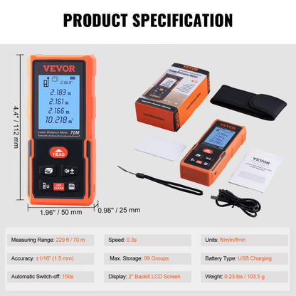 SW-DA70 - 229ft VEVOR Laser Measure, ±1/16'' Accuracy