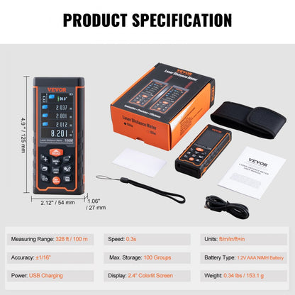 SW-S100 - 328ft Laser Measure with Color LCD Display and Pythagorean Mode