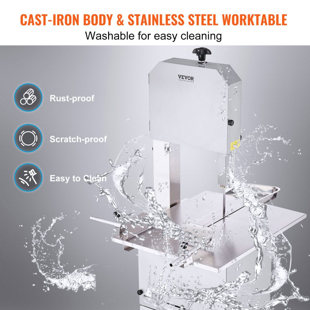 SJY-F250BE - 850W Stainless Steel Meat Bandsaw, 23.6" x 18.3" Workbench