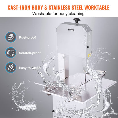 SJY-F250BE - 850W Stainless Steel Meat Bandsaw, 23.6" x 18.3" Workbench