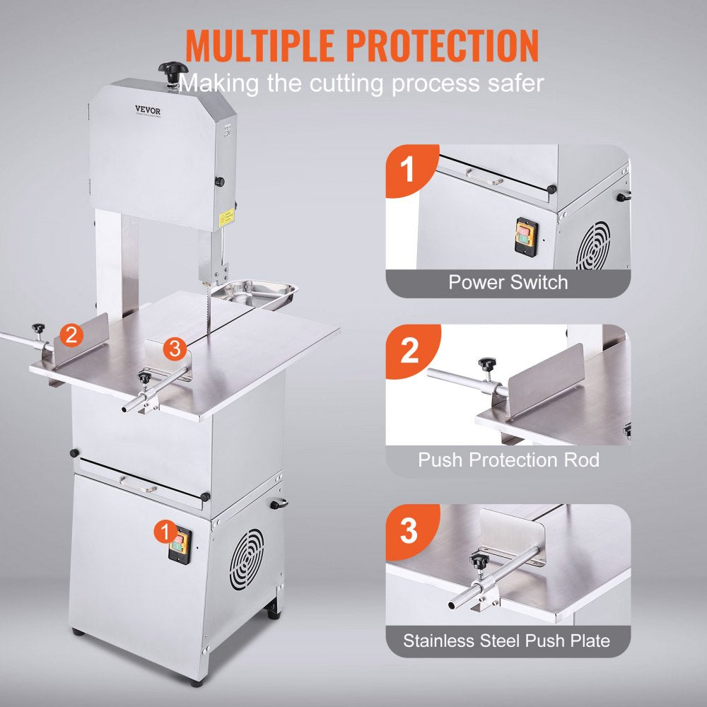 SJY-F250BE - 850W Stainless Steel Meat Bandsaw, 23.6" x 18.3" Workbench