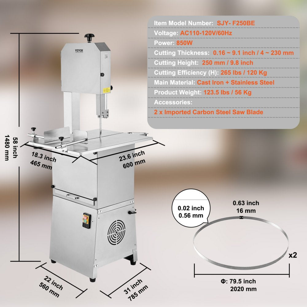 SJY-F250BE - 850W Stainless Steel Meat Bandsaw, 23.6" x 18.3" Workbench