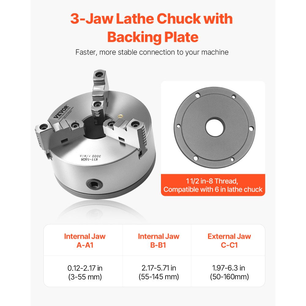 K11 160A (1-1/2-8) - 6-Inch Self-Centering Lathe Chuck for Precision Clamping