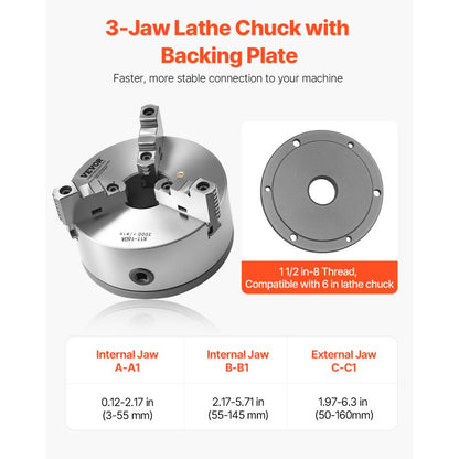 K11 160A (1-1/2-8) - 6-Inch Self-Centering Lathe Chuck for Precision Clamping