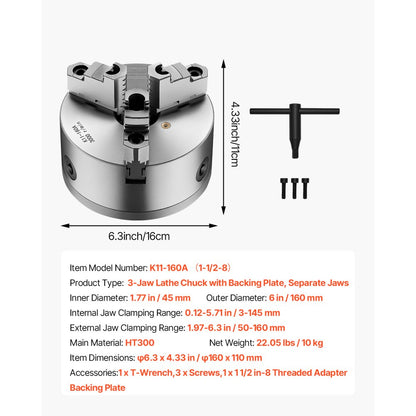 K11 160A (1-1/2-8) - 6-Inch Self-Centering Lathe Chuck for Precision Clamping