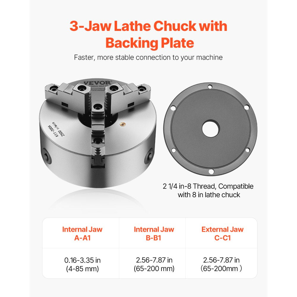 K11 200A（2-1/4-8） - 8-Inch Self-Centering Lathe Chuck for Precision Machining