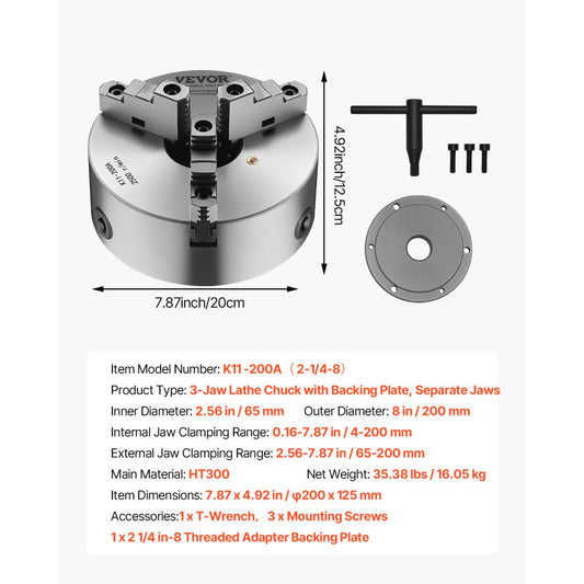 K11 200A（2-1/4-8） - 8-Inch Self-Centering Lathe Chuck for Precision Machining