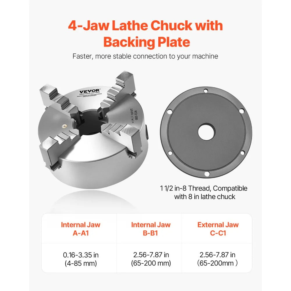 K12 200（1-1/2-8） - 8-Inch Self-Centering Lathe Chuck with Durable HT300 Cast Iron