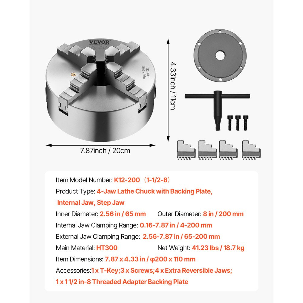 K12 200（1-1/2-8） - 8-Inch Self-Centering Lathe Chuck with Durable HT300 Cast Iron