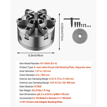 K11 160A (D1-4) - 6-Inch Self-Centering Lathe Chuck for Precision Clamping
