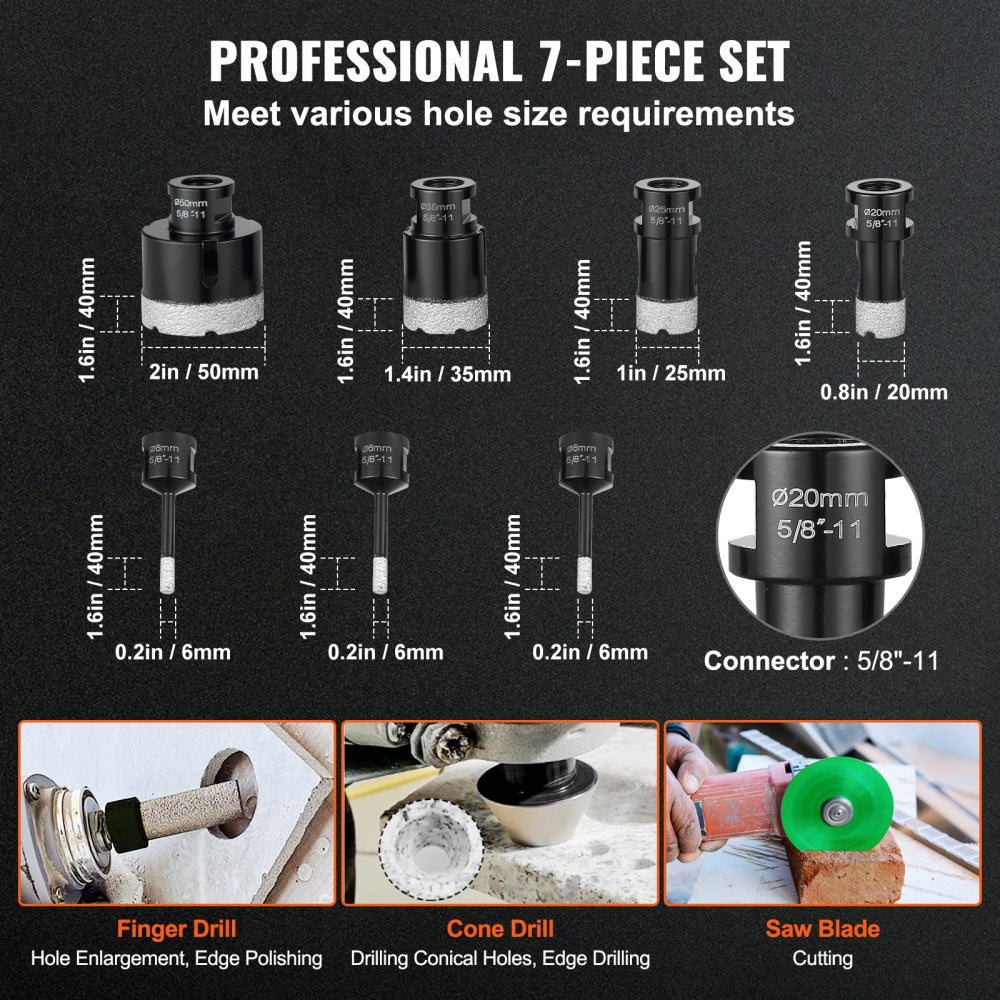 SSTZ-005 - 7-Piece Diamond Core Drill Bit Set, 6mm to 50mm Sizes