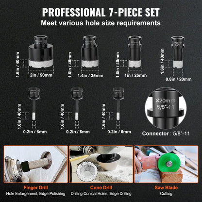 SSTZ-005 - 7-Piece Diamond Core Drill Bit Set, 6mm to 50mm Sizes