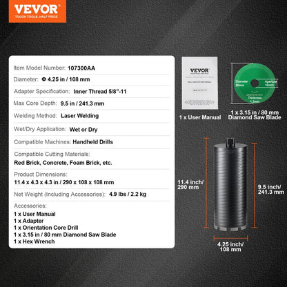 107300AA - 4.25" Diamond Core Drill Bit for Deep Drilling in Concrete and Brick