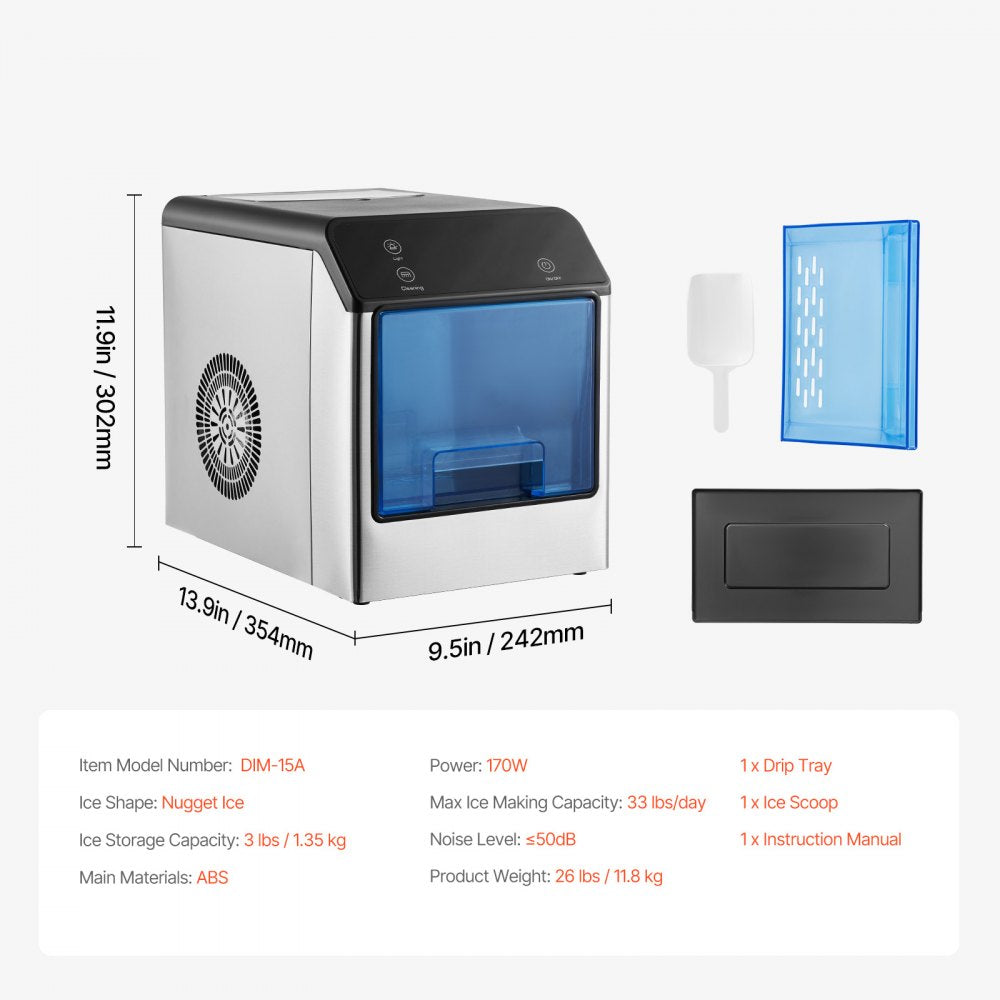 DIM-15A - Portable 33 lbs/24H Nugget Ice Maker with Self-Cleaning Function