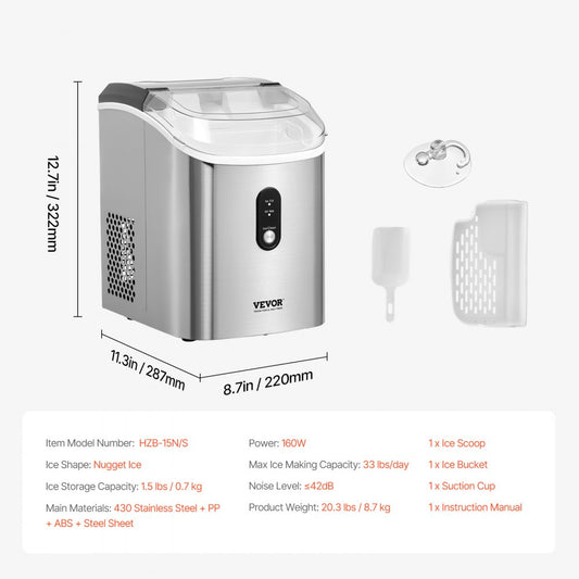 HZB-15N/S - Portable Nugget Ice Maker, 33 lbs Capacity, Self-Cleaning