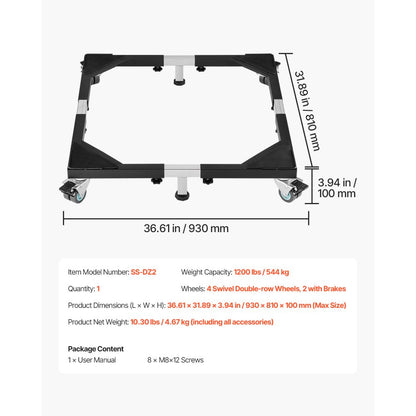 SS-DZ2 - Adjustable Mobile Base Dolly for Appliances, 23-36.6 Inch, 1200 lbs