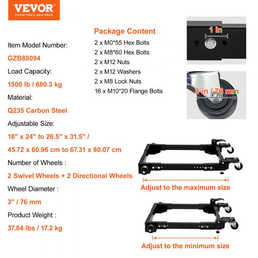 GZB88094 - Adjustable Heavy-Duty Mobile Base with Locking Wheels and Steel Frame