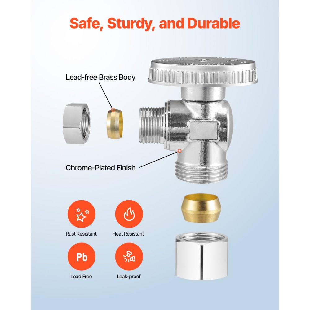 JF-07 - 10-Pack Lead-Free Brass Angle Stop Valves, 1/4 Turn, 5/8" OD