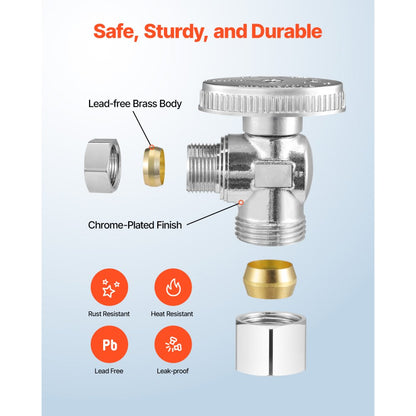 JF-07 - 10-Pack Lead-Free Brass Angle Stop Valves, 1/4 Turn, 5/8" OD