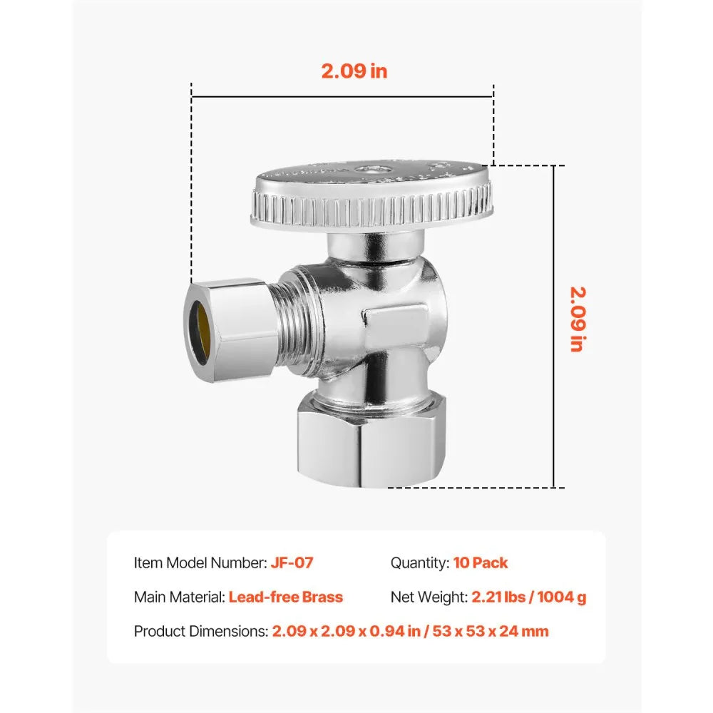 JF-07 - 10-Pack Lead-Free Brass Angle Stop Valves, 1/4 Turn, 5/8" OD