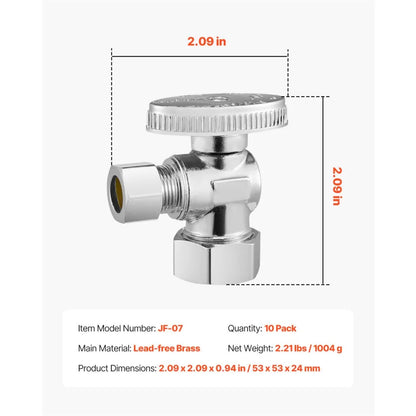 JF-07 - 10-Pack Lead-Free Brass Angle Stop Valves, 1/4 Turn, 5/8" OD