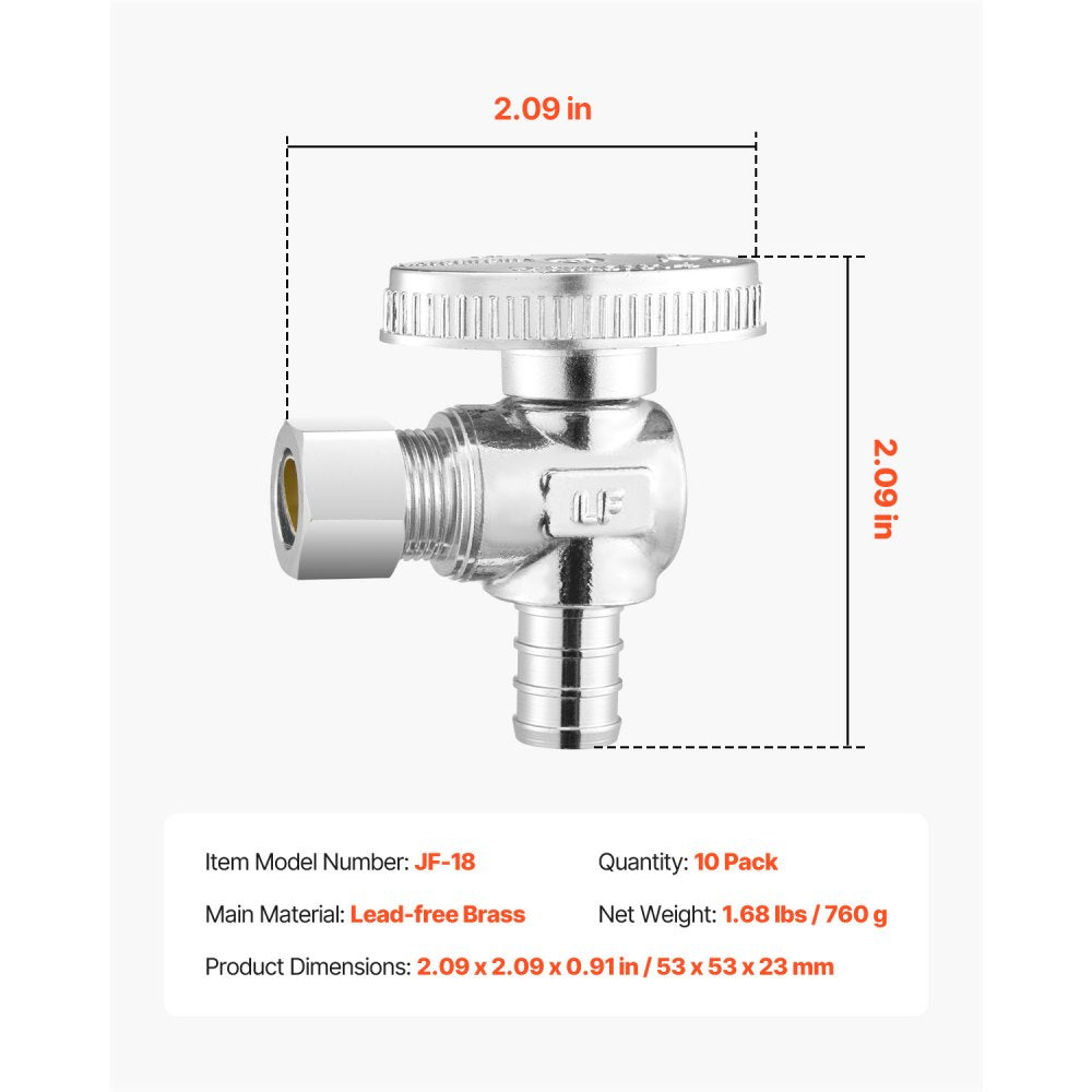 JF-18 - 10-Pack Brass Angle Stop Valves for 1/2" PEX Plumbing