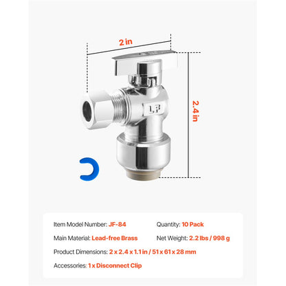 JF-84 - 10-Pack Lead-Free Brass Angle Stop Valve with Quick Shutoff